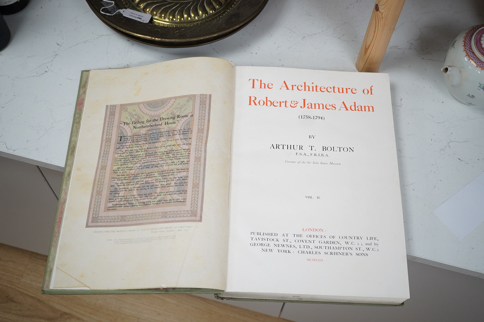 Bolton, Arthur T. - The Architecture of Robert & James Adam (1758-1794). 1st Edition, 2 vols. many illus. and plans throughout (some full page); original gilt cloth with gilt tops, folio. Country Life, 1922